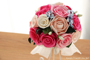 初めての結婚記念日「紙婚式」に贈る、ピンク系バラの和紙ブーケ・花束 (1)
