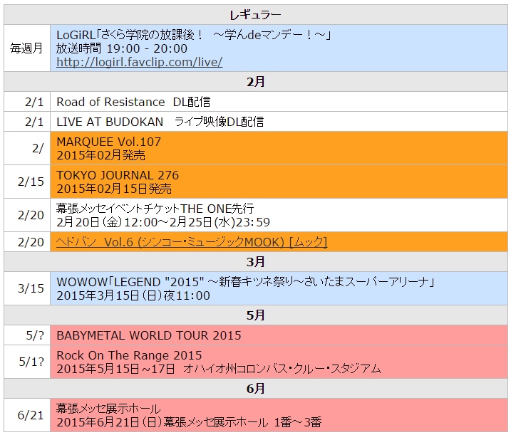 Babymetal 2月のスケジュール Babymatometal