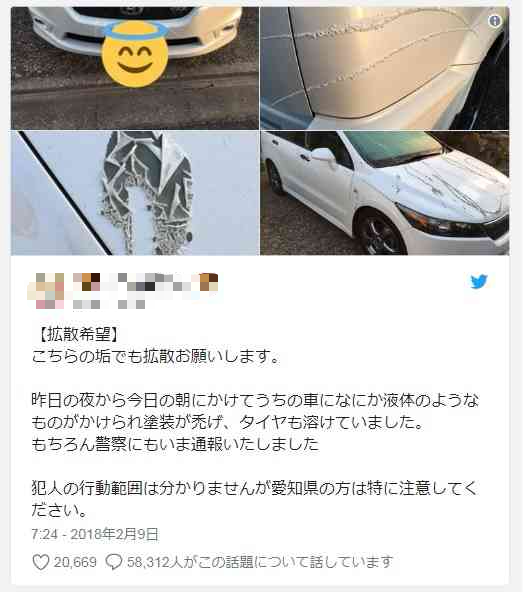 車に液体かけられ塗装は剥げタイヤ溶ける 犯人への怒りの声殺到 美 辞 麗 句 第三章 車に液体かけられ塗装は剥げタイヤ溶ける 犯人への怒りの声殺到 美 辞 麗 句 第三章