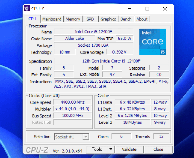 Intel Core i5 12400F_CPU-Z