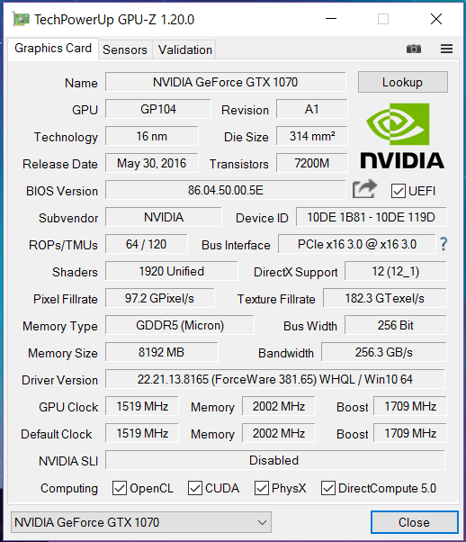 GTX 1070 玄人志向 Short_gpuz