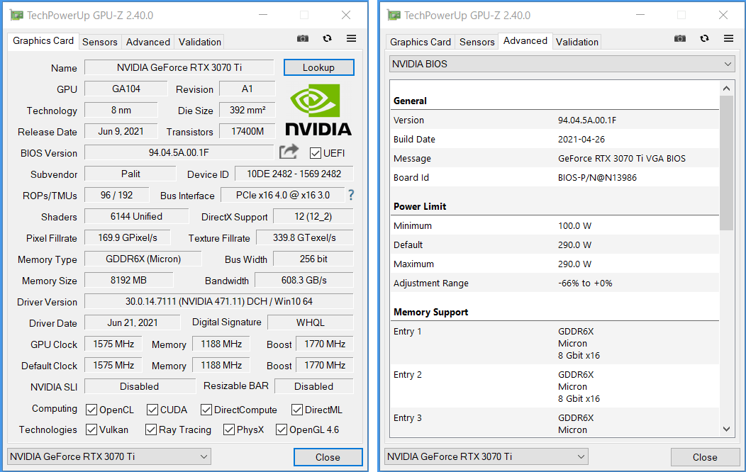 Palit GeForce RTX 3070 Ti GamingPro_GPU-Z