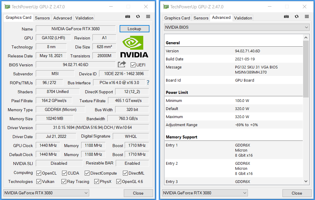 MSI GeForce RTX 3080 VENTUS 3X PLUS 10G OC LHR_GPU-Z