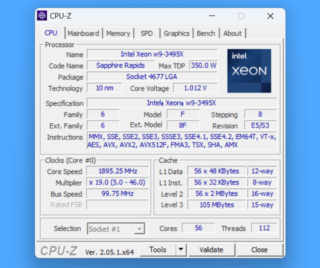 Intel Xeon w9-3495X_CPU-Z