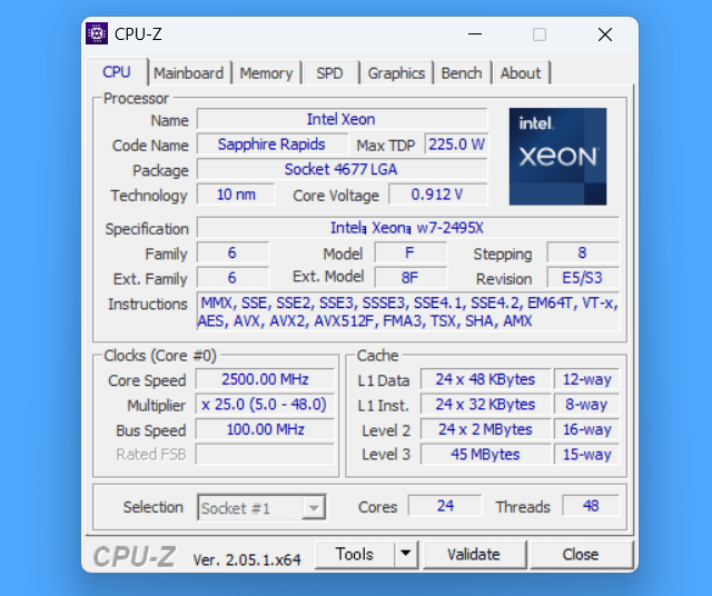 Intel Xeon w7-2495X_CPU-Z