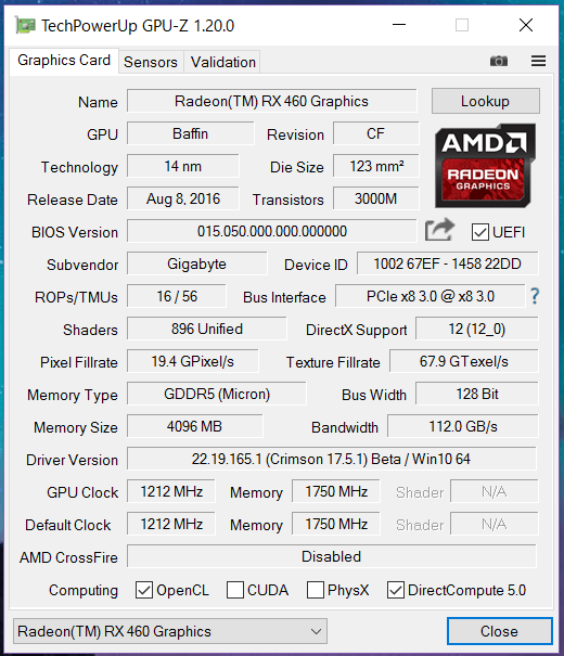 GIGABYETE RX 460 WINDFORCE OC 4GB_gpuz