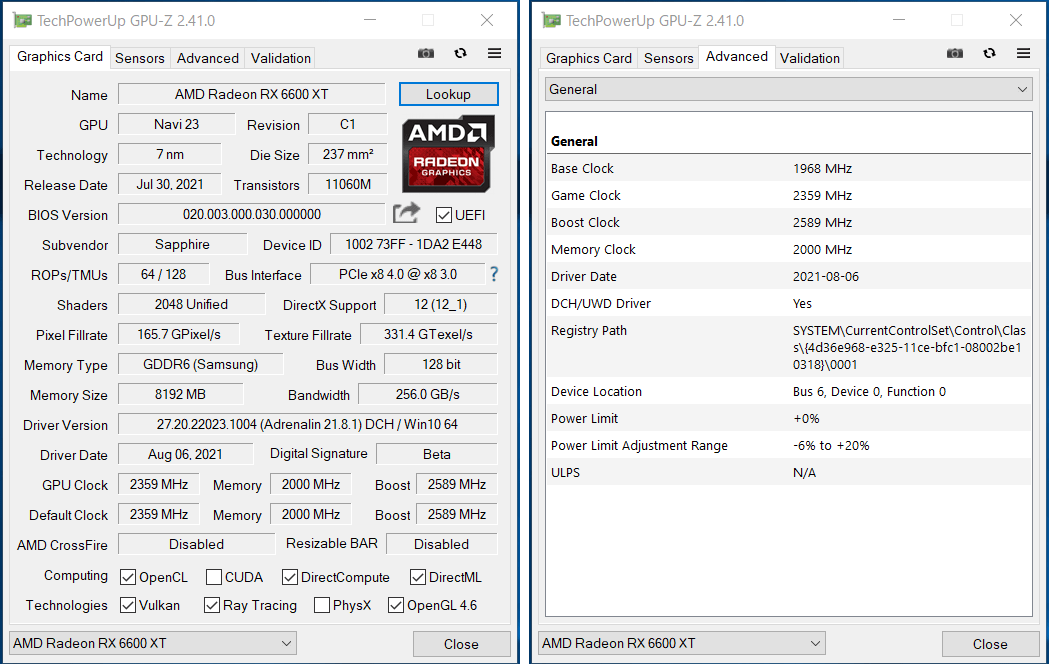 SAPPHIRE NITRO+ AMD Radeon RX 6600 XT GAMING OC_Silent_GPU-Z