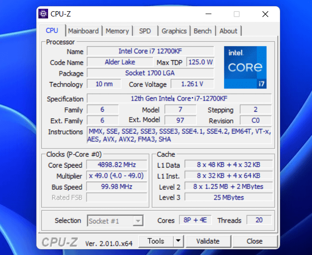 Intel Core i7 12700KF_CPU-Z
