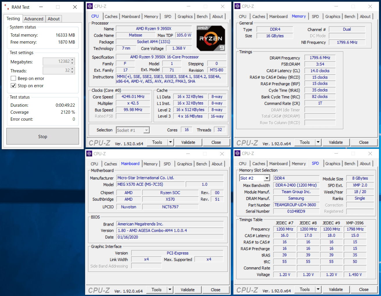 Team T-FORCE Xtreem ARGB DDR4 TF10D416G3600HC14CDC01_X570_test