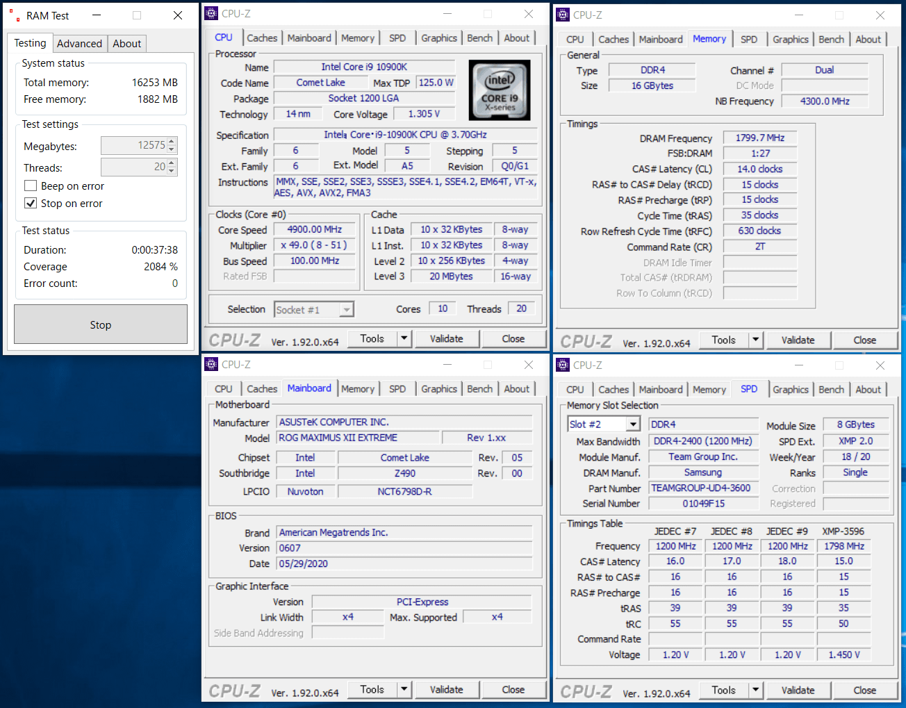 Team T-FORCE Xtreem ARGB DDR4 TF10D416G3600HC14CDC01_Z490_test