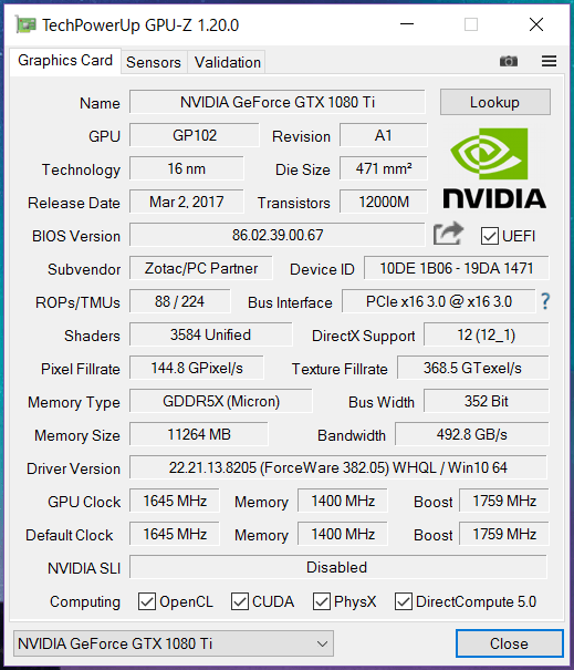 ZOTAC GeForce GTX 1080 Ti AMP Extreme_gpuz