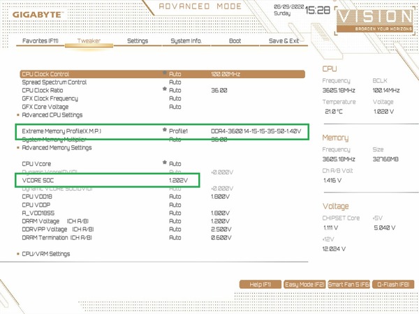 GIGABYTE B550 VISION D_OC Test_Memory_BIOS
