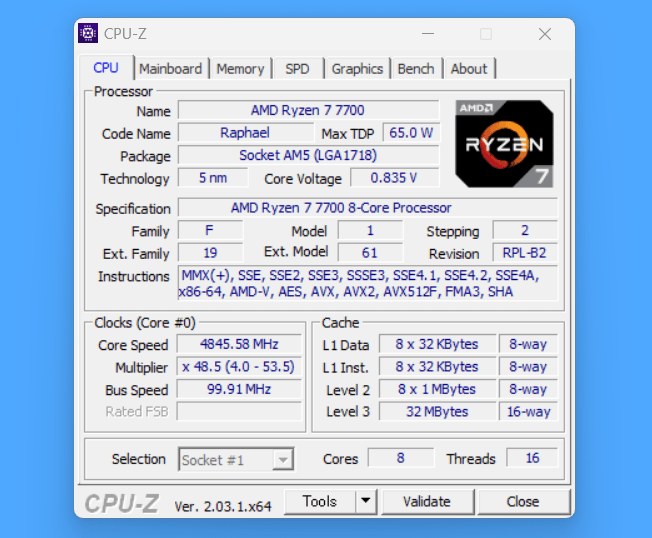 AMD Ryzen 7 7700_CPU-Z