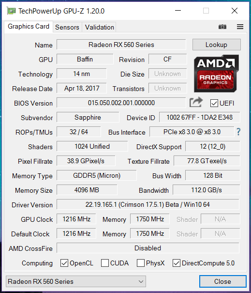 MSI Radeon RX 560 AERO ITX 4G OC_gpuz