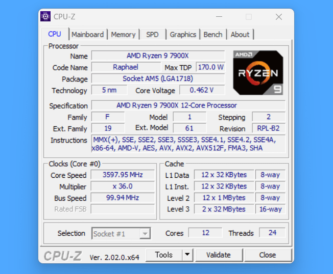 AMD Ryzen 9 7900X_CPU-Z