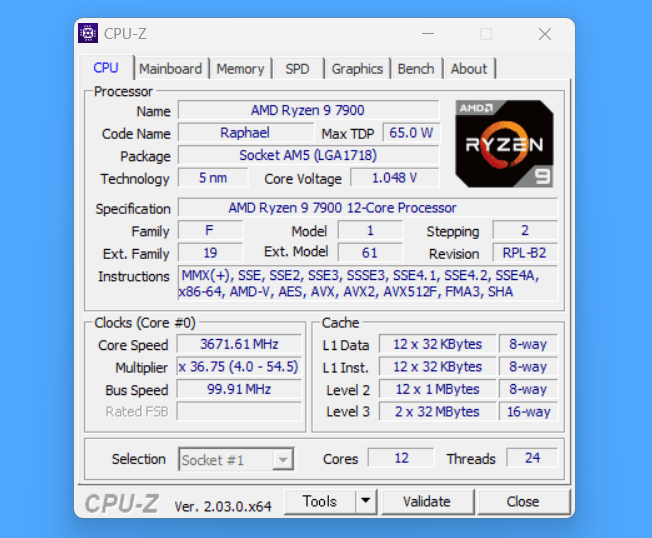 AMD Ryzen 9 7900_CPU-Z
