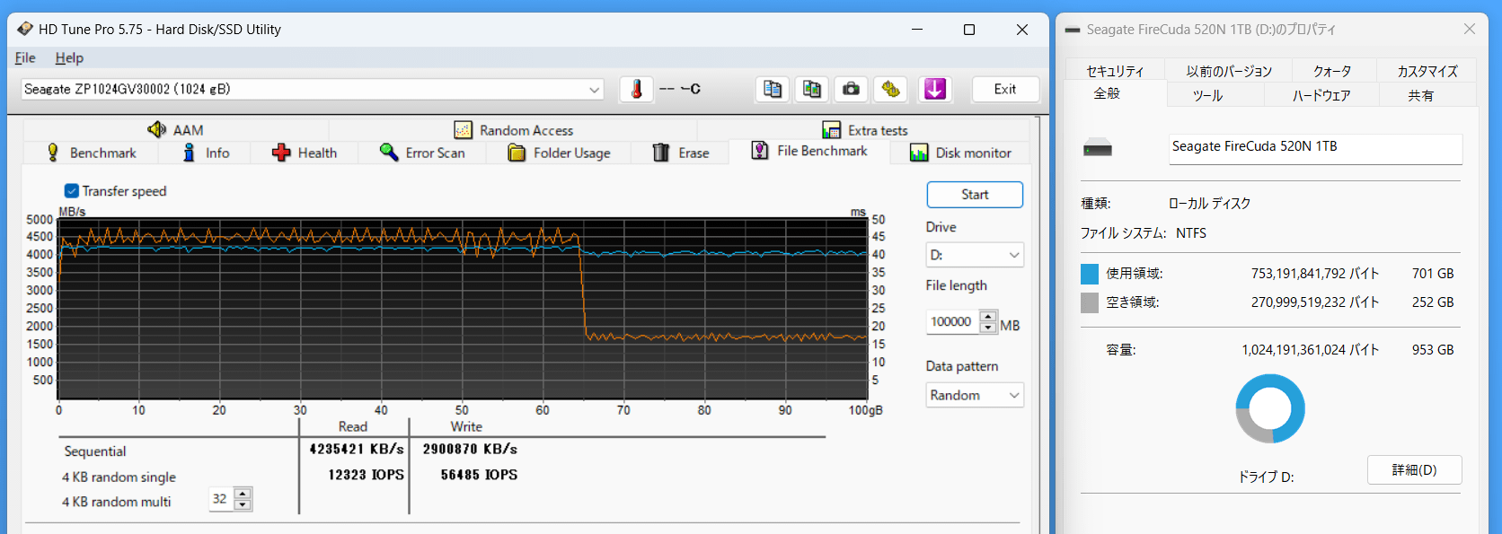 Seagate FireCuda 520N 1TB_SLC Cache_250GB-Free