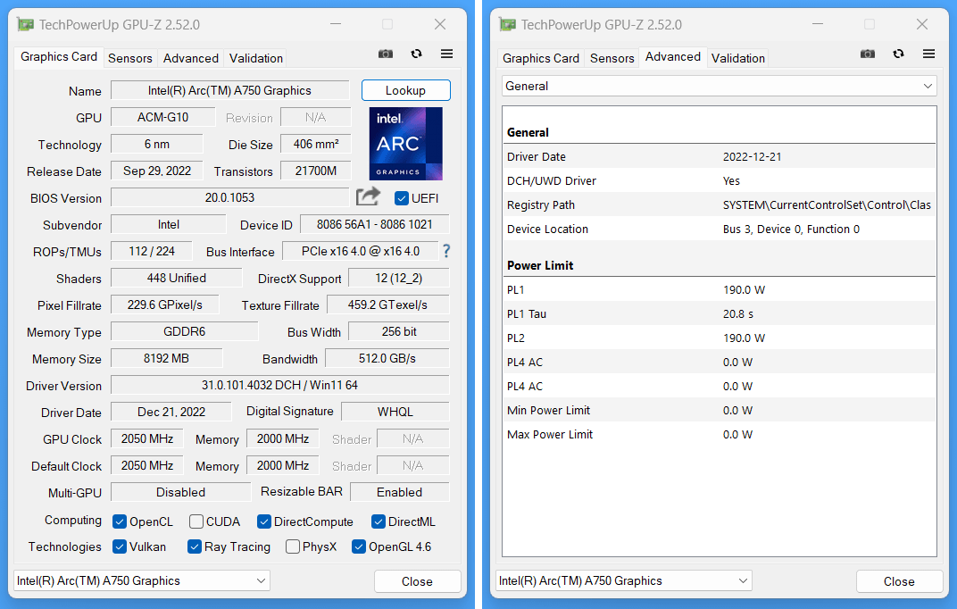Intel Arc A750 8GB Limited Edition_GPU-Z