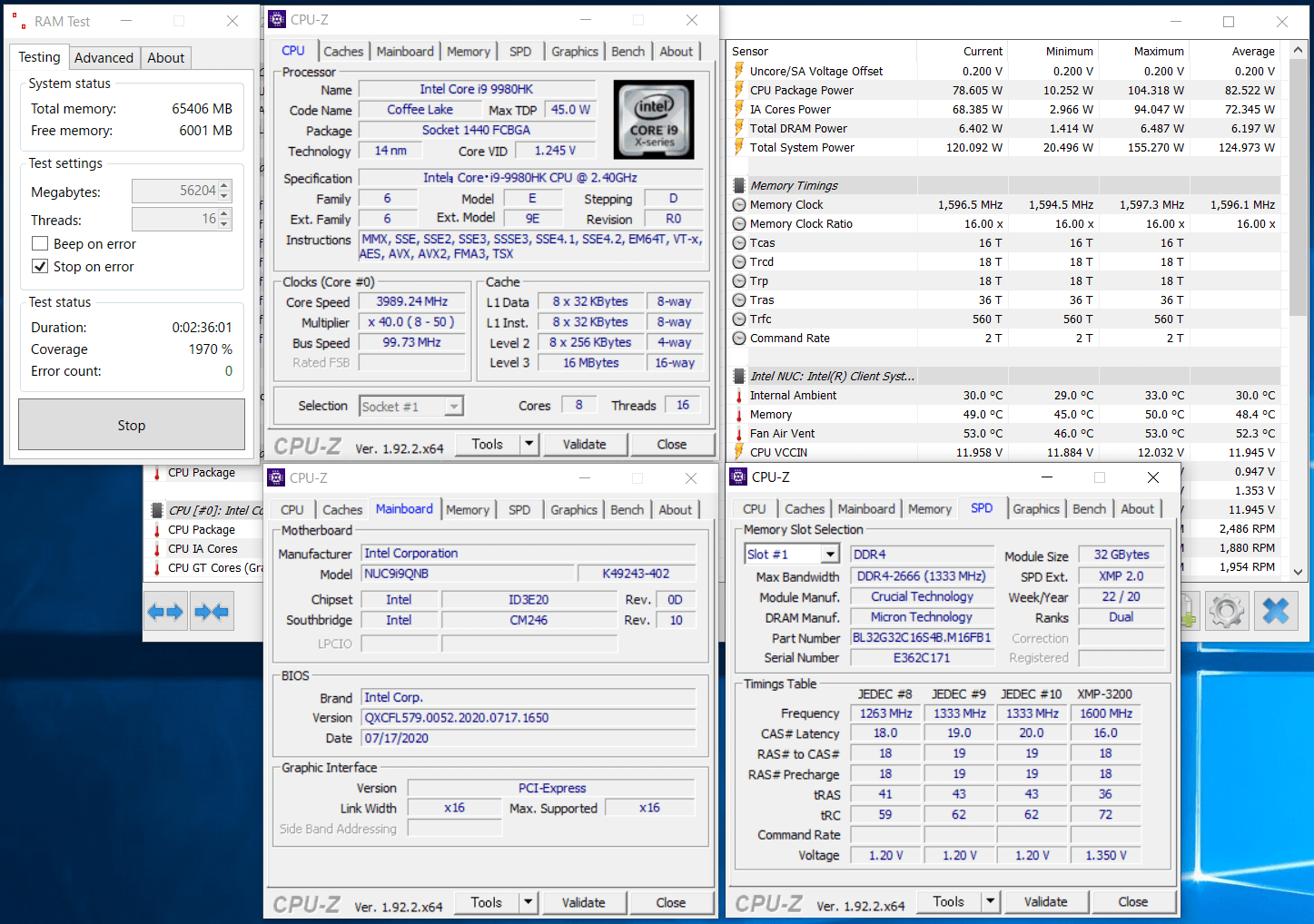 Crucial Ballistix SODIMM BL2K32G32C16S4B_Ramtest_NUC9i9QNX