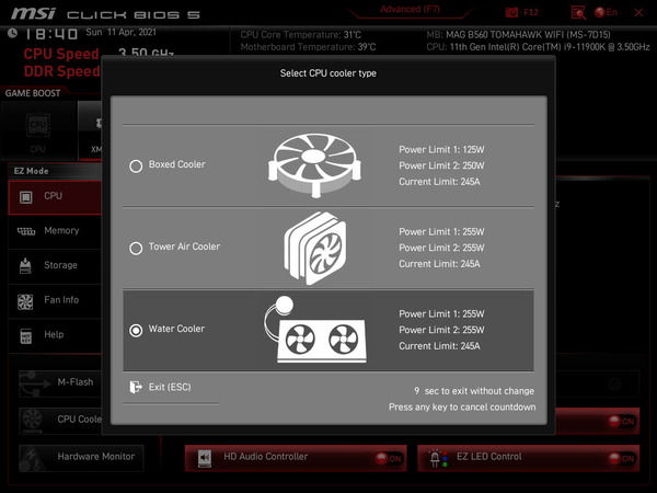 MSI MAG B560 TOMAHAWK WIFI_BIOS_OC_Select CPU Cooler Type