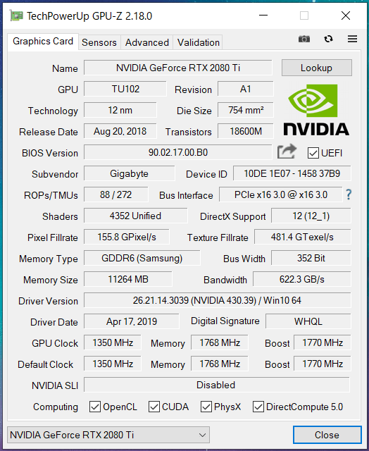 GIGABYTE AORUS RTX 2080 Ti XTREME WATERFORCE GPU-Z (1)