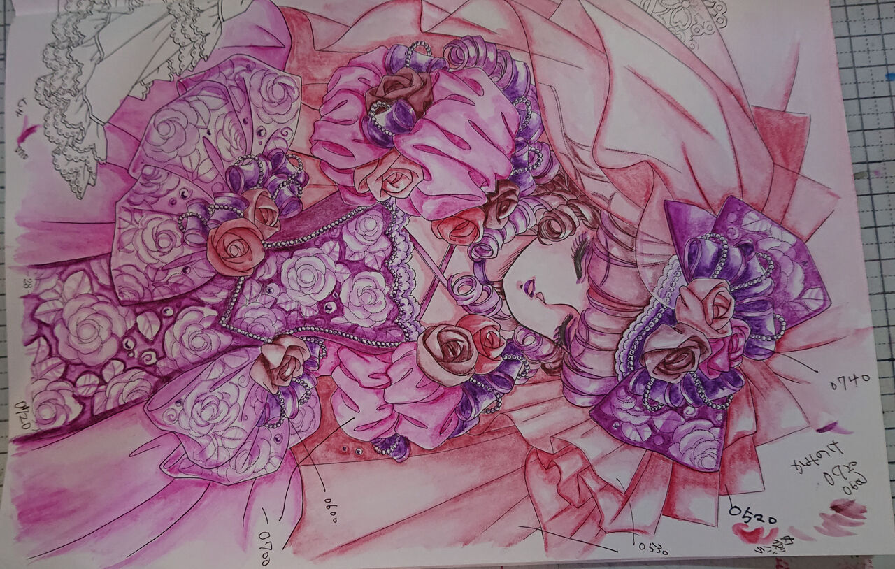 ピンク水着の美人キャラクター色鉛筆画 インクテンス練習☆赤ピンク系・ダーウェント・ぬりえ・水彩