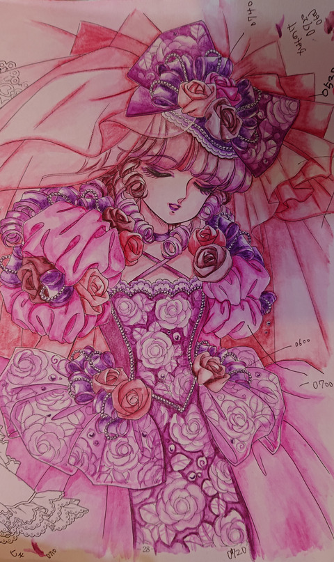 ピンク水着の美人キャラクター色鉛筆画 ファブリックポスター アートポスター イラスト 可愛い女の子