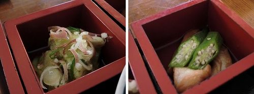 【ふく蔵】〔[季節のおそうざい２種]は、茄子に茗荷が散った物と、見た目が油かすのような麩とオクラの煮物。〕 (13)