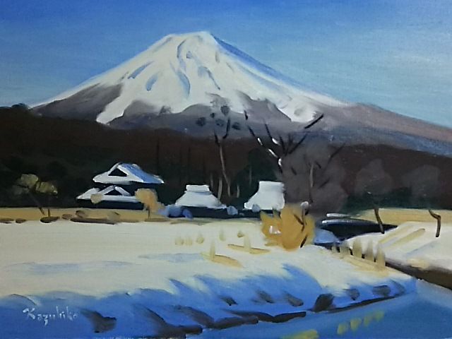 明ける忍野村」P8 油絵 絵画 油彩画 富士山 富士