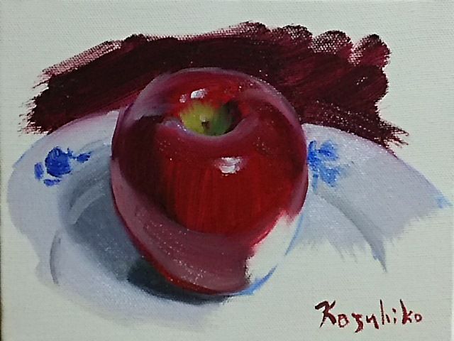 板材に描かれた赤いリンゴの油彩画風アート作品 油絵 絵画 【りんご】 | HIROSHI1990