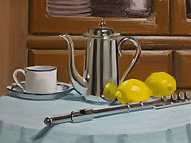 油彩画 コーヒーポットと果物 油彩画 コーヒーポットと果物