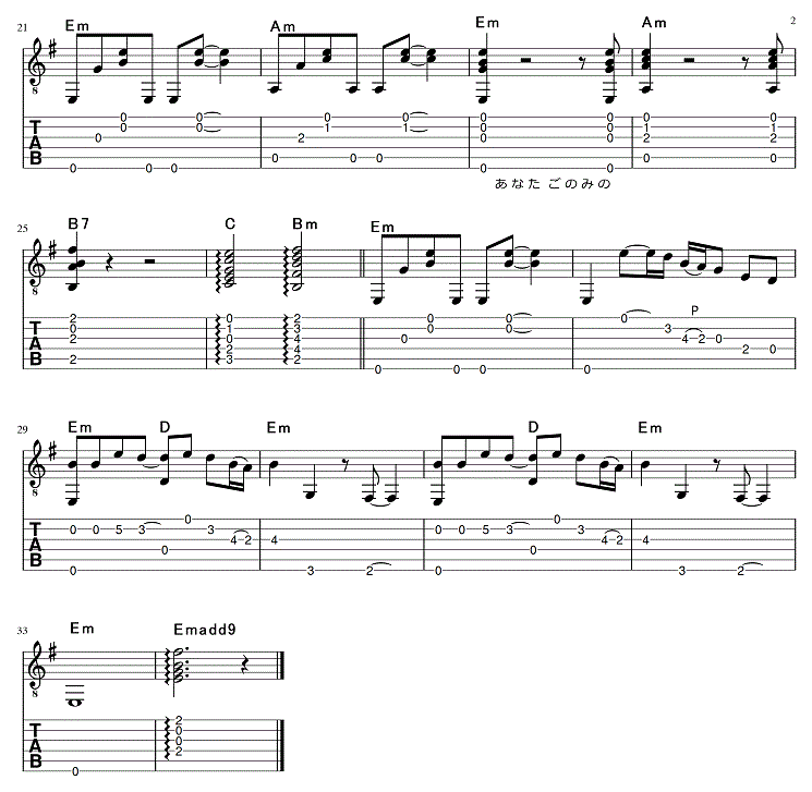 恋の奴隷 奥村チヨ ギター弾き語りタブ譜 : ギター弾き語りタブ譜など