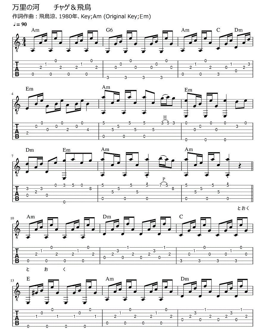 万里の河 チャゲ＆飛鳥 ギター弾き語りタブ譜 : ギター弾き語りタブ譜など