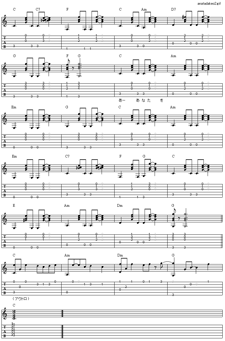 あなただけを あおい輝彦 ギター弾き語りタブ譜 : ギター弾き語りタブ