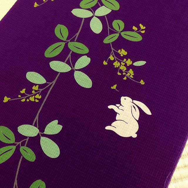 ブランド浴衣　反物　うさぎ ブランド浴衣反物 そしてゆめ 山口小夜子 紫色地 ウサギと萩 綿