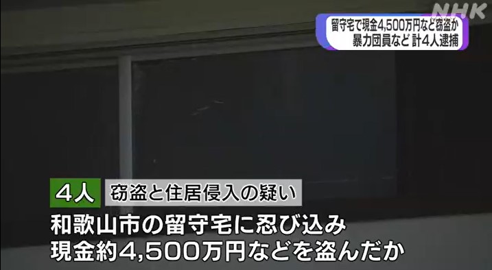 和歌山市の住宅から４５００万円など窃盗等の疑いで４人逮捕