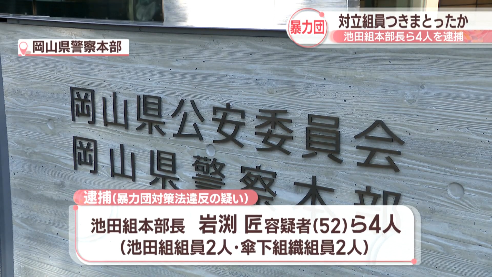 全国初の検挙 対立抗争の指定暴力団組員に付きまとった疑い 指定暴力団池田組の本部長らを逮捕 岡山