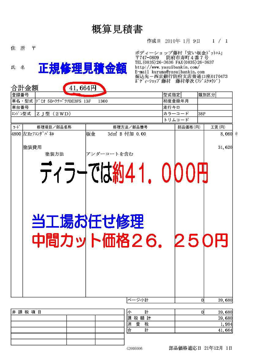 ディラー見積は高く修理を諦めたが携帯写真見積依頼入庫 車ｷｽﾞ凹み防府 ﾎﾞﾃﾞｨｰｼｮｯﾌﾟ藤村
