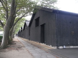 山居倉庫 酒田夢の倶楽黒い壁と欅並木を手前から見る