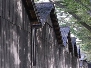 山居倉庫 酒田夢の倶楽 黒壁の倉庫群の倉庫壁に日差しが当たるアップ