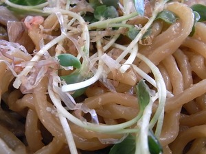 鶏そばや竜神洞まぜそばの麺にかいわれ大根をまぜる