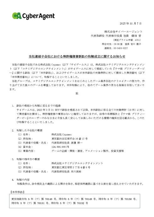 【ウマ娘訴訟】Cygames、コナミと和解へ