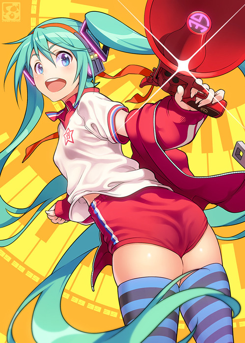 VOCALOID(ボーカロイド) ボカロ 赤ブルマを穿いた初音ミク ツインテール 縞ニーソ 体操着 画像 壁紙