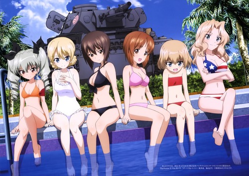 girls_und_panzer ガールズ&パンツァー ガルパン アンツィオ高校・アンチョビ 聖グロリアーナ女学院・ダージリン 黒森峰・西住まほ 大洗女子・西住みほ プラウダ高校・カチューシャ サンダース付属・ケイ 水着・戦車・プール 画像 壁紙