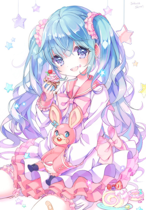 ボーカロイド(ボカロ) お菓子を食べる初音ミク ツインテール ピンクの制服 画像 壁紙