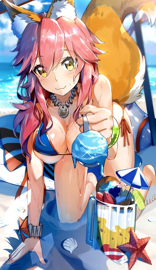 FGO フェイトグランドオーダー 玉藻の前 キャス狐 水着・ビキニ おっぱい 下乳・横乳 イラスト 画像 壁紙