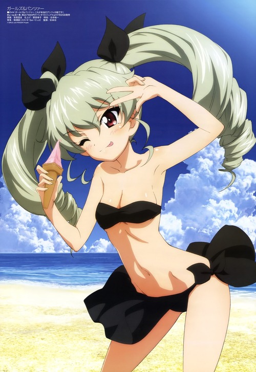 girls_und_panzer ガールズアンドパンツァー ガルパン アンチョビ ドゥーチェ かわいい アンツィオ高校 ツインテール 黒ビキニ 水着 画像 壁紙
