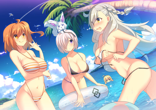 fgo ぐだ子 マシュ オルガマリー 水着・ビキニ おっぱい fate_grand_order フェイトグランドオーダー セイバー イラスト 画像 壁紙