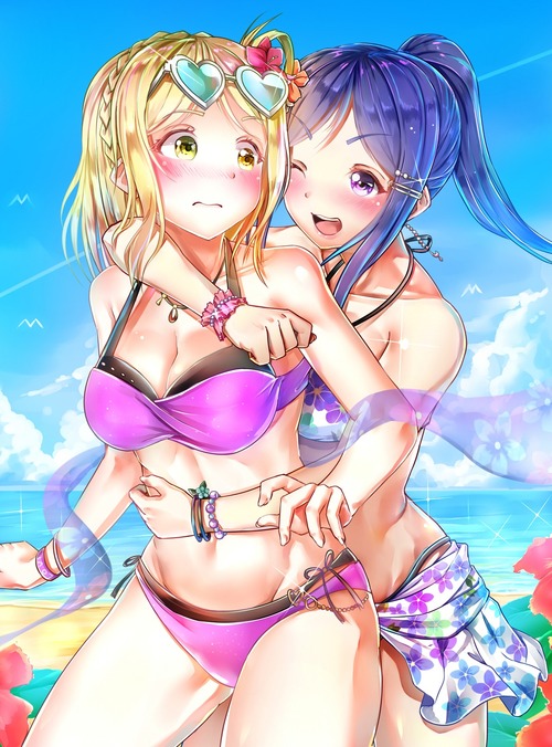 ラブライブ サンシャイン aqours(アクア) 松浦果南(まつうらかなん) 黒澤ダイヤ(くろさわだいや) 小原鞠莉(おはらまり) かわいい・きれい 水着 イラスト 画像 壁紙