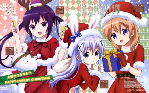 ご注文はうさぎですか？？ サンタ衣装のリゼ・チノ・ココア クリスマス 画像 壁紙